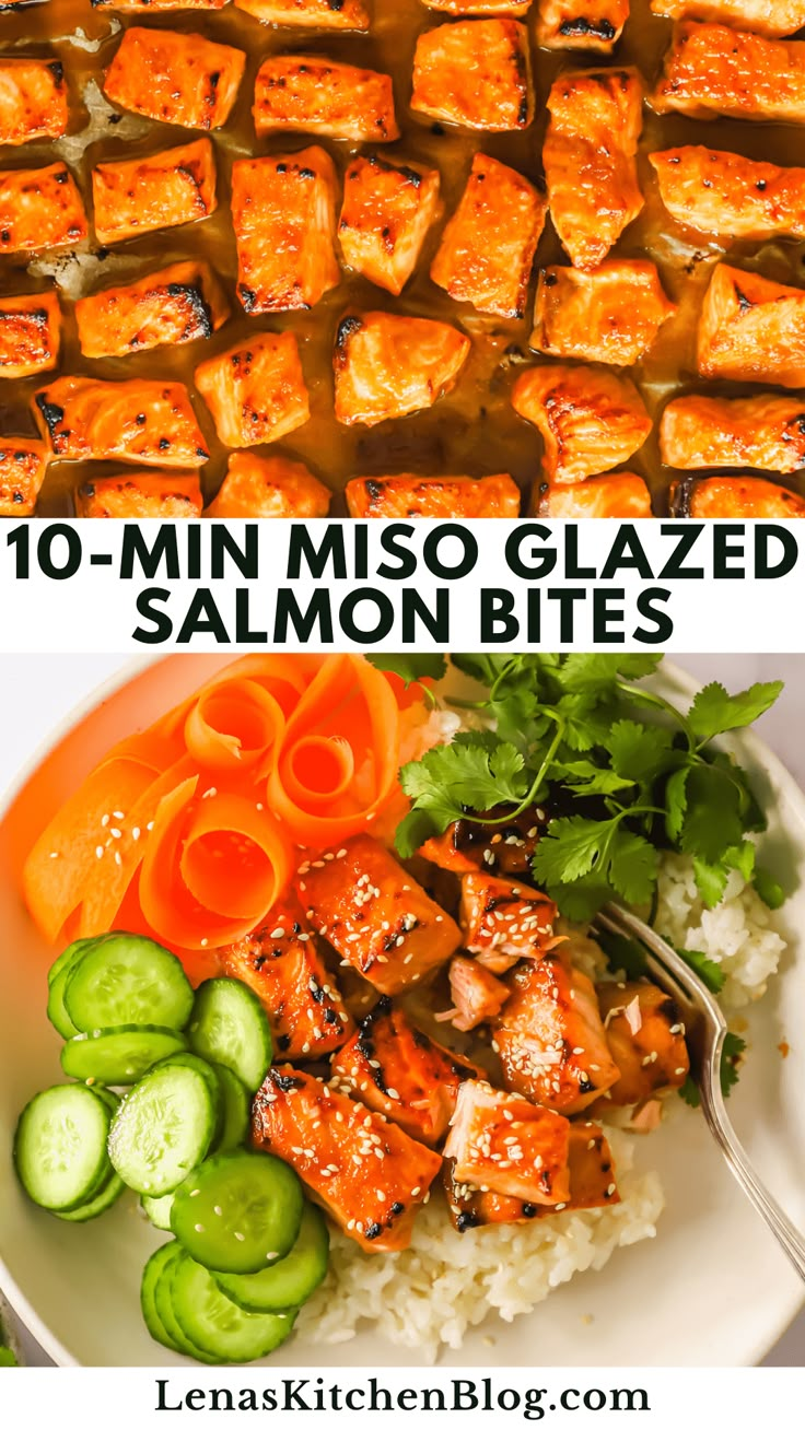 salmon and cucumber on top of rice with text overlay that reads 10 min miso glazed salmon bites