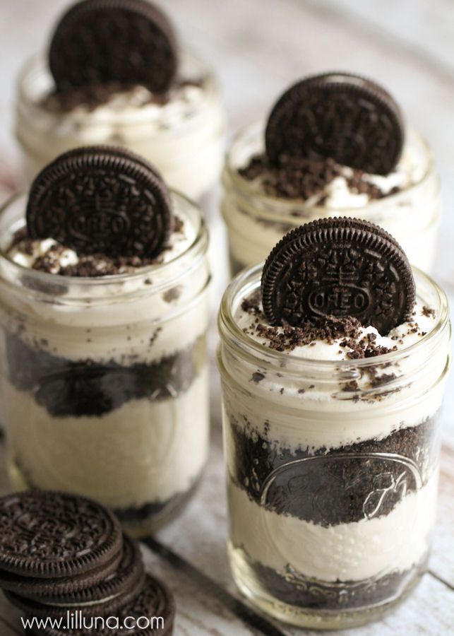 three cookies and oreo cookie desserts in mason jars