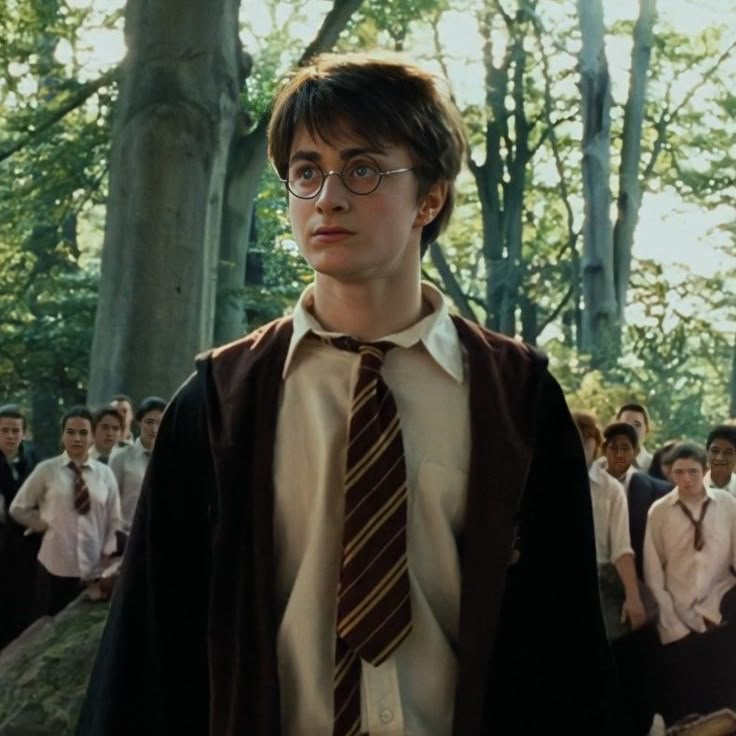 harry potter is standing in front of a group of people wearing glasses and ties,