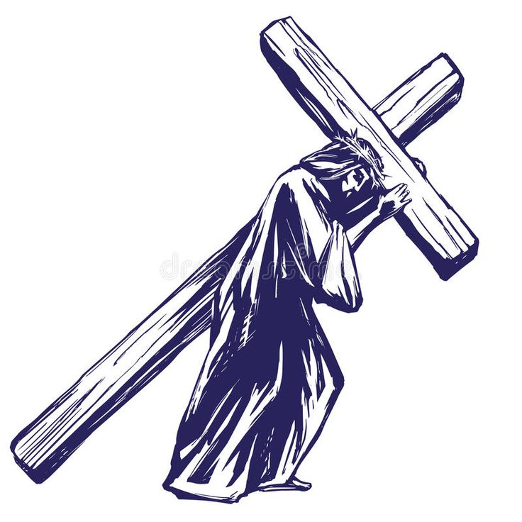 person carrying the cross on his back hand drawn in blue ink, isolated against a white background