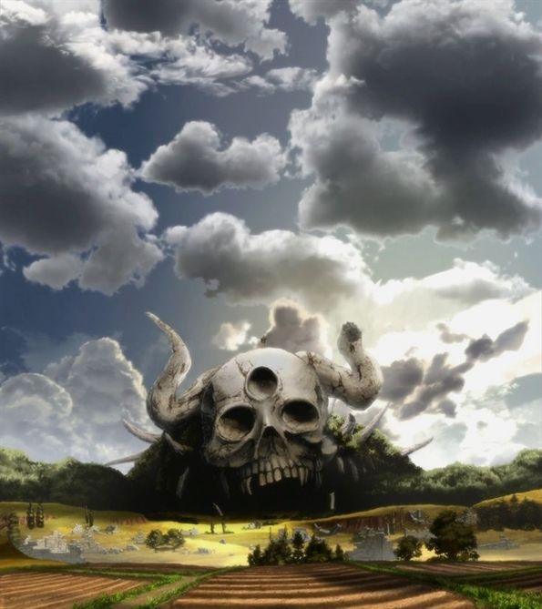 there is a large white skull in the middle of a field with clouds above it