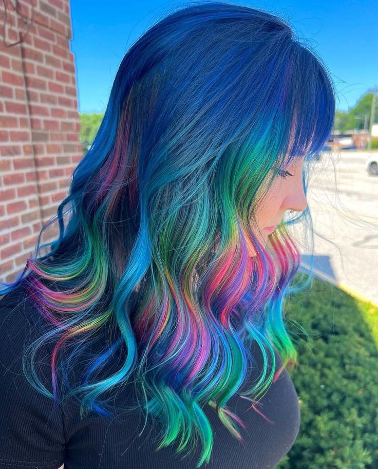 Blue Hair With Rainbow Highlights, Blue Rainbow Hair, Rainbow Prism Hair, Metallic Hair Dye, Prism Hair, Hair Ideas For Women, Holographic Hair, Vivid Hair, Hairdressing Training