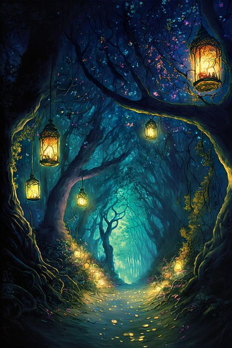 a painting of lanterns hanging from trees in the forest at night with lights on them