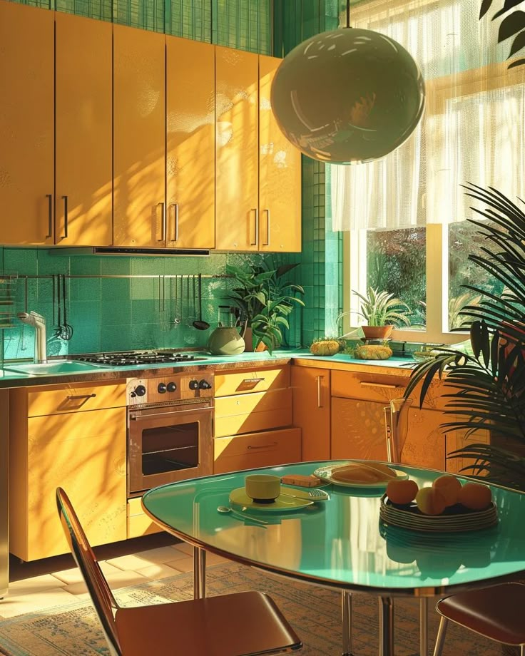 a kitchen with yellow cabinets and green counter tops is pictured in this image, the sun shines through the window