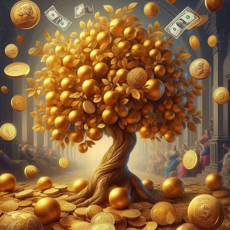 an orange tree surrounded by gold coins and money bills in the air, as if it were falling from above