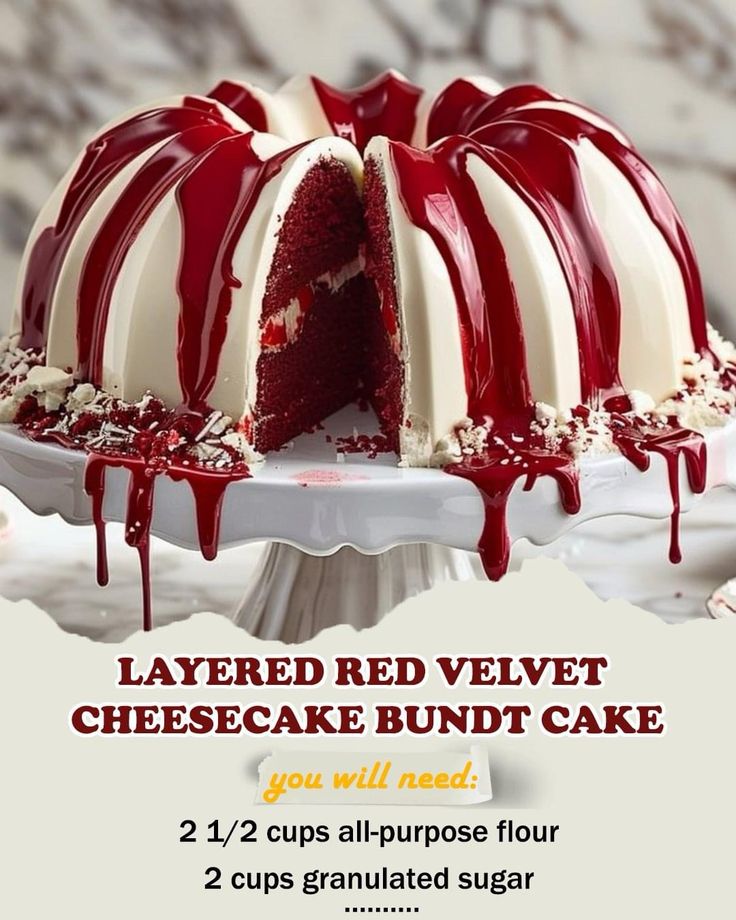 Layered Red Velvet Cheesecake Bundt Cake  Ingredients  For the Red Velvet Cake Layer:  2 1/2 cups all-purpose flour 2 cups granulated sugar 1 tbsp cocoa powder 1 tsp baking soda 1/2 tsp salt 1 1/2 cups vegetable oil 1 cup buttermilk, room temperature 2 large eggs, room temperature 1 tbsp red food coloring 1 tsp vanilla extract 1 tsp white vinegar  For the Cheesecake Layer:  8 oz cream cheese, softened 1/3 cup granulated sugar 1 large egg 1 tsp vanilla extract  For the Cream Cheese Glaze:  4 oz cream cheese, softened 2 cups powdered sugar 1 tsp vanilla extract 2-3 tbsp milk (to adjust consistency)  For the Red Velvet Drizzle:  1 cup powdered sugar 2-3 tbsp milk A few drops of red food coloring (adjust for desired color)  Instructions  Preheat and Prepare the Pan:  Preheat your oven to 350°F Cheesecake Bundt Cake, Red Velvet Bundt Cake, Bundt Recipes, Valentines Recipes Desserts, Christmas Meals, Velvet Cheesecake, Red Velvet Cheesecake, Winter Cake, Delicious Cake Recipes