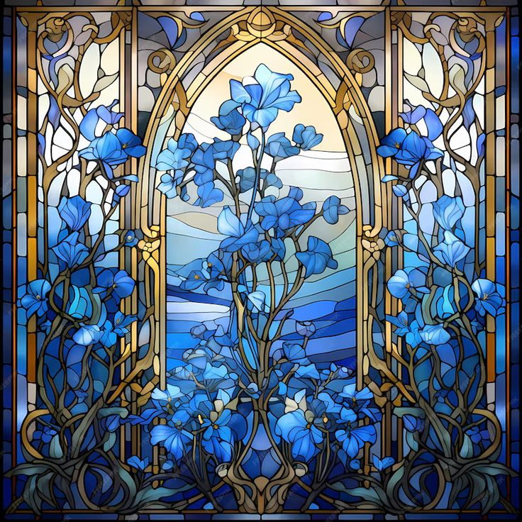 a stained glass window with blue flowers in it