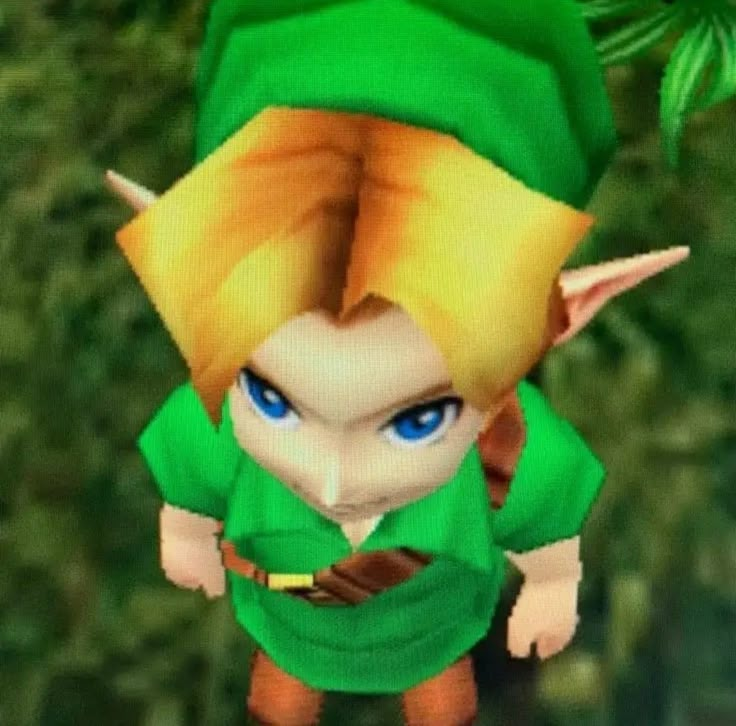 the legend of zelda character is standing in front of some trees and bushes with blue eyes