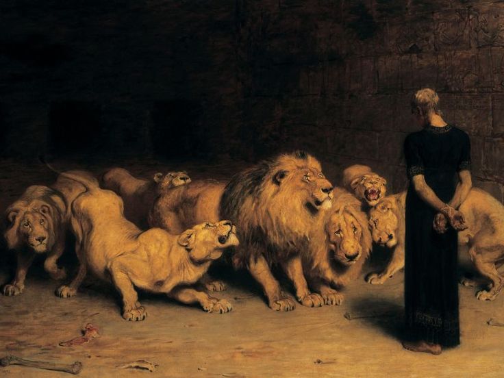 a woman standing in front of a group of lions