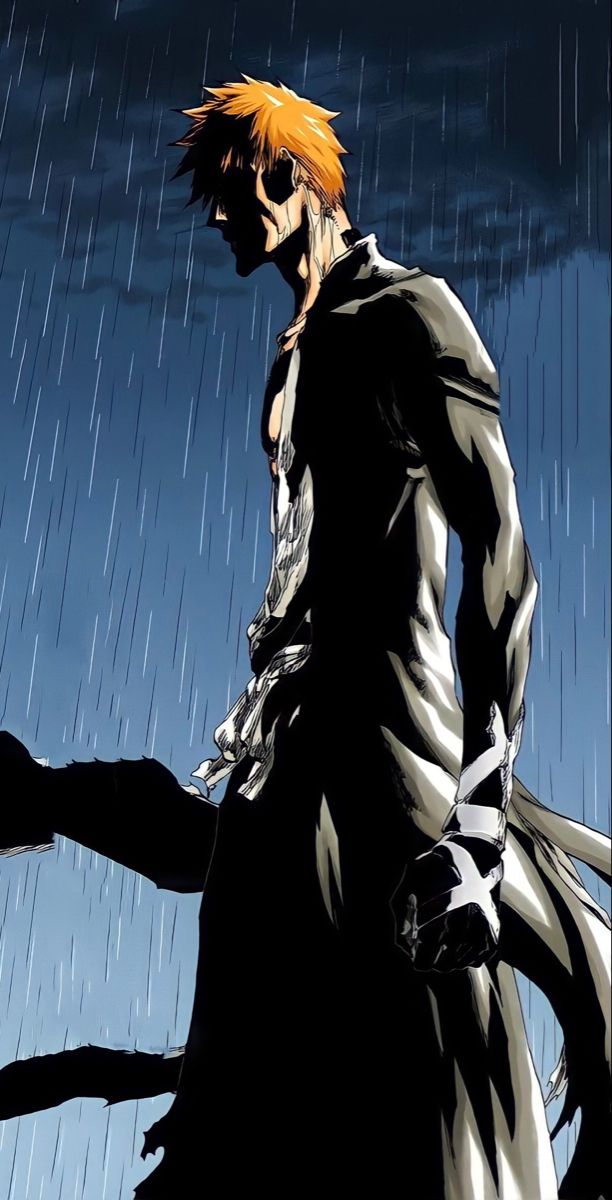 an anime character standing in the rain with his hand on his hip and looking at something