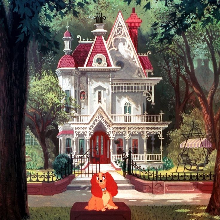 a dog is sitting on a bench in front of a large white house with red roof