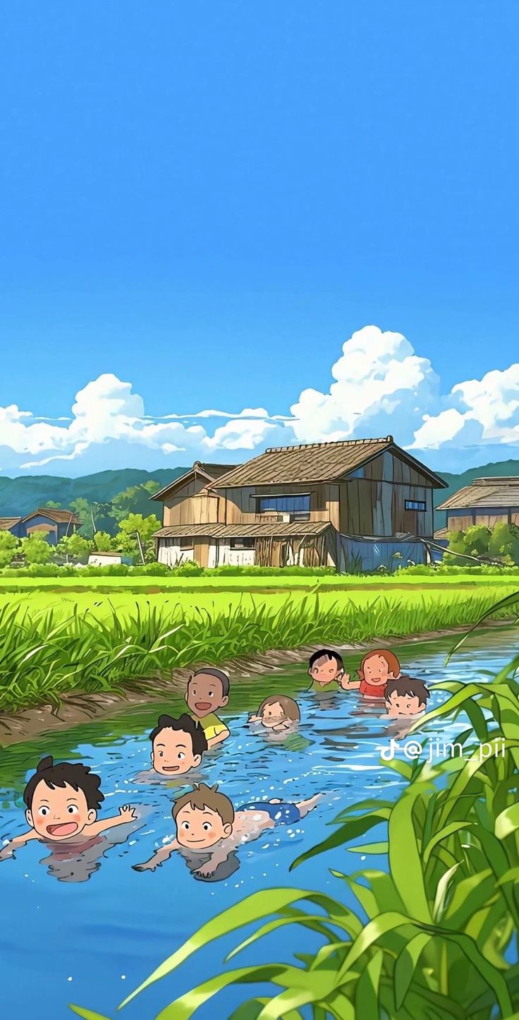 several people are swimming in the water near a house and grass field with mountains in the background