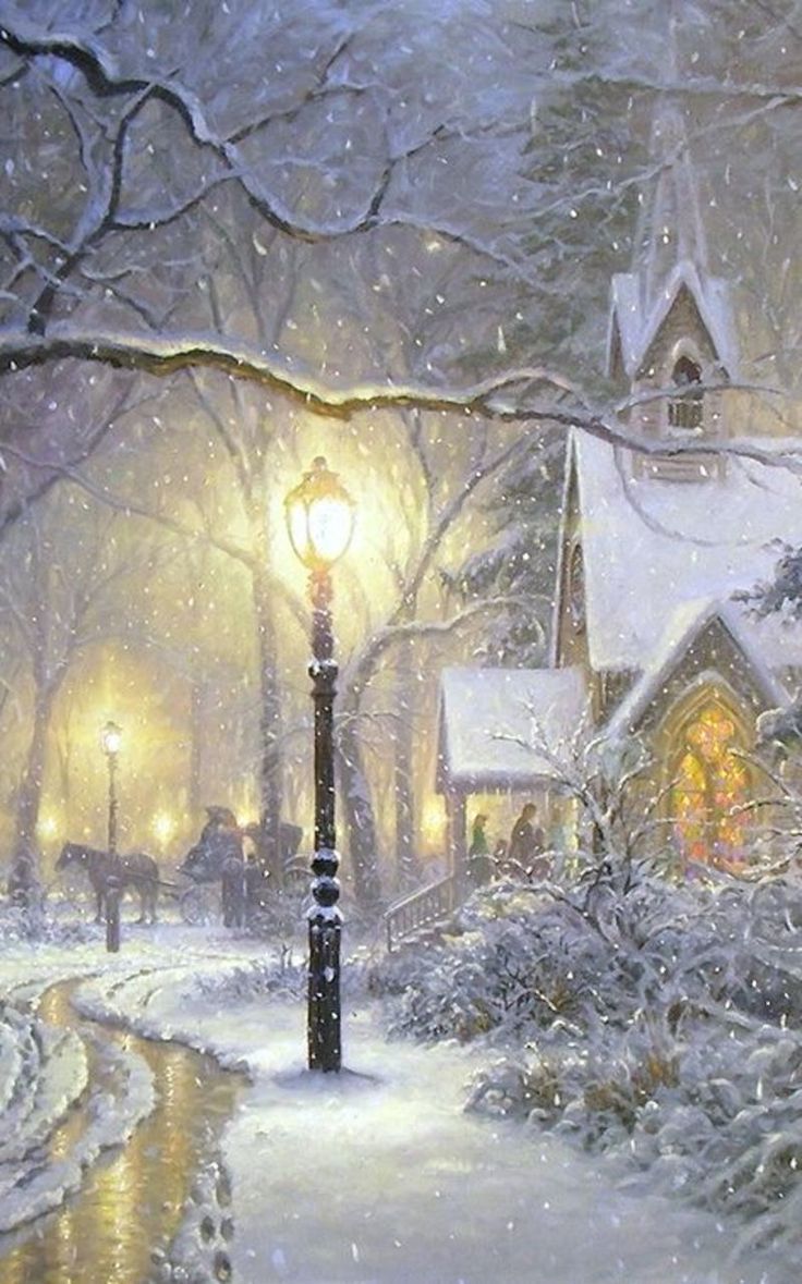 a painting of a snowy night with street lights