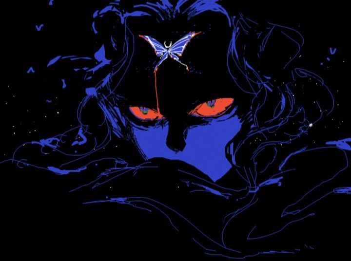 the face of a woman with red eyes and a butterfly on her forehead, surrounded by dark blue swirls