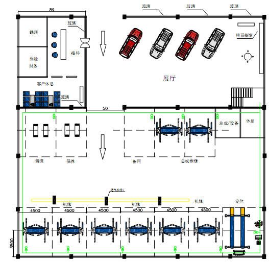 the floor plan for an office building with three cars parked in one area and two parking spaces on the other