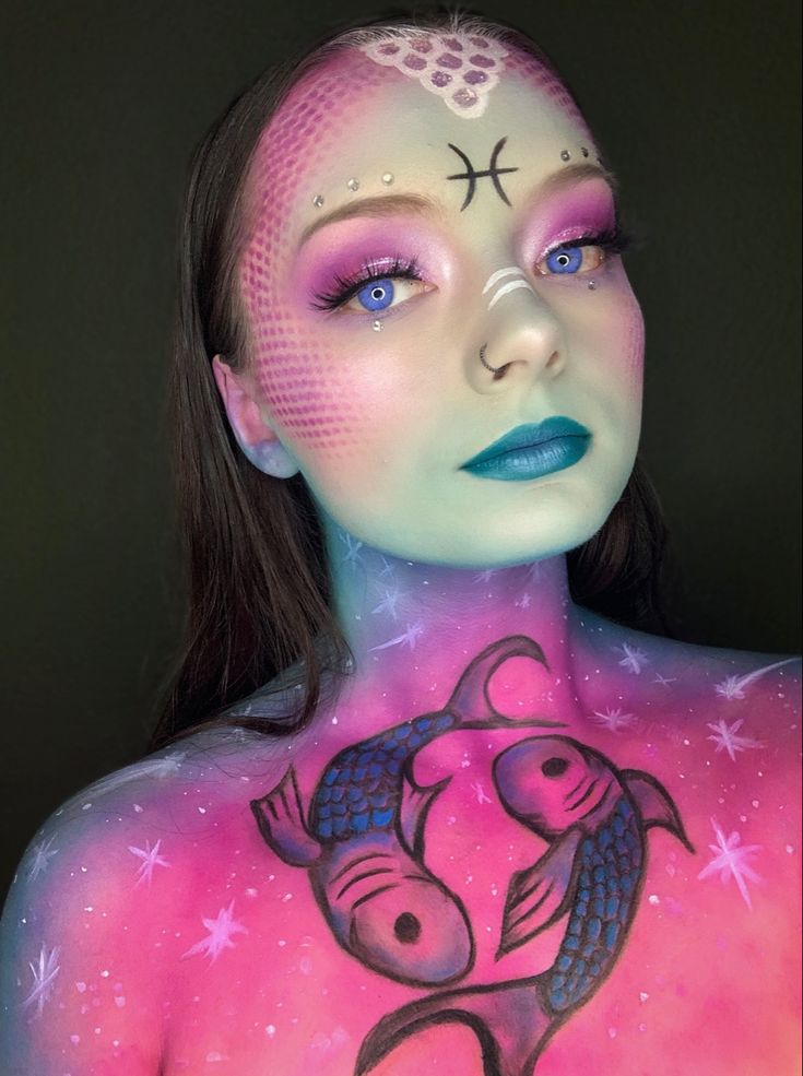 Pisces Costume Halloween, Zodiac Face Paint, Pisces Makeup Zodiac Signs, Pisces Halloween Costume, Zodiac Signs Makeup Looks, Pisces Costume, Pisces Witch, Pisces Makeup, Persona 5 Oc