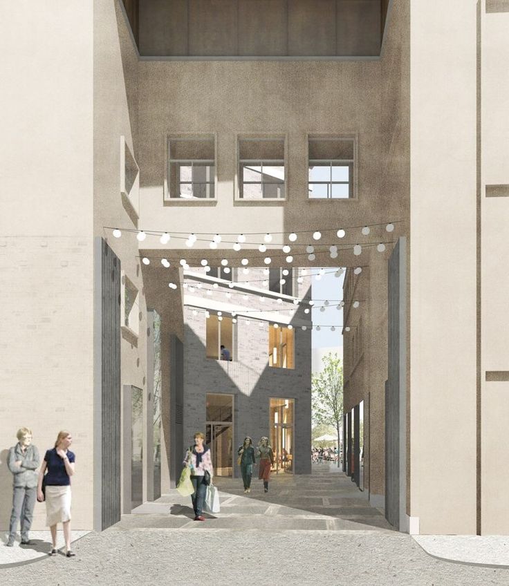 an artist's rendering of the entrance to a building with people walking through it