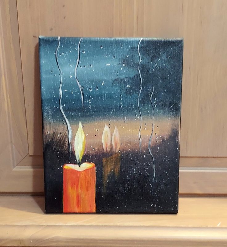 a painting of two lit candles sitting on top of a window sill next to a wooden door