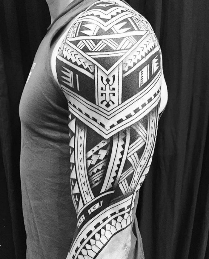 a man's arm with an intricate tattoo design on the back of his body