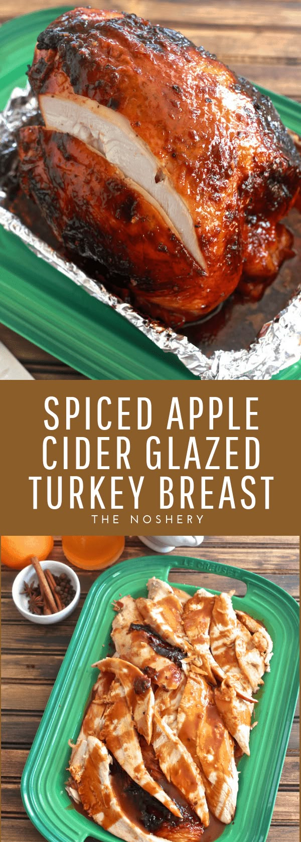 sliced apple cider glazed turkey breast on a green platter