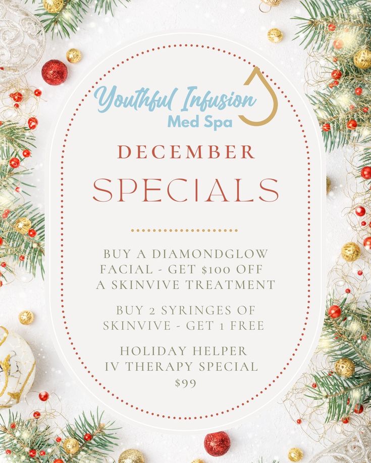 🎁 DECEMBER SPECIALS 🎁 🌟Embrace the season with our December specials at Youthful Infusion Med Spa! 💎 🌟Indulge in the radiance of our Diamond Glow Facial 💆🏽‍♀️ 🌟 Enhance your glow with SkinVive💉 🌟 Experience the rejuvenating benefits of our IV Infusion Therapy for just $99. 🎁 Treat yourself or a loved one to the gift of radiant beauty this holiday season! 📱Call 972.908.2772 for more details and book NOW! ✨ #YouthfulInfusionMedSpa #DecemberSpecials Diamond Glow Facial, Infusion Therapy, Iv Infusion, Radiant Beauty, Iv Therapy, Med Spa, Holiday Season, Facial, Spa