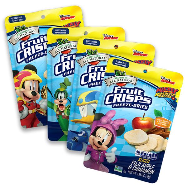 three packs of fruit crispes with mickey mouse and goofy duck on the front,