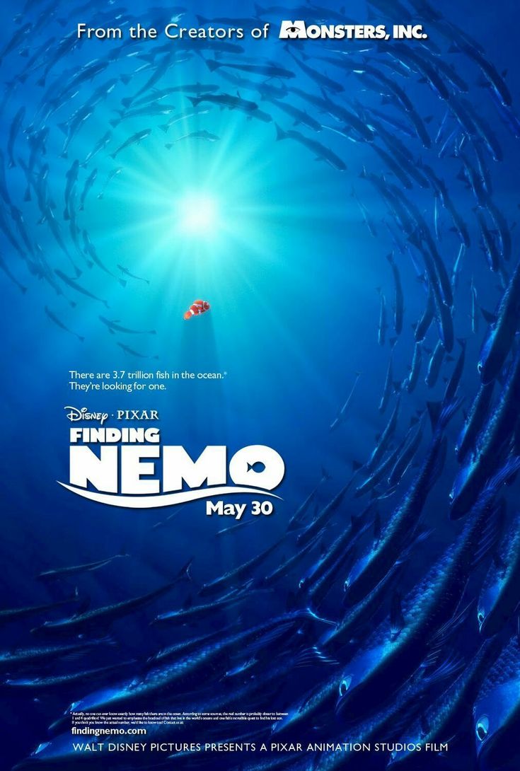 the finding nemo movie poster is shown in blue water with school of fish around it