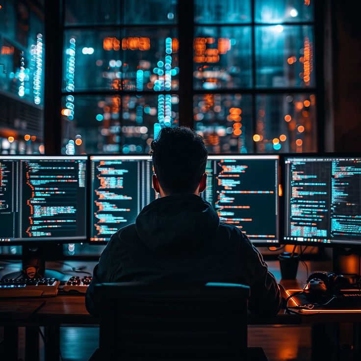 a man sitting at a desk in front of three computer monitors with multiple screens on them