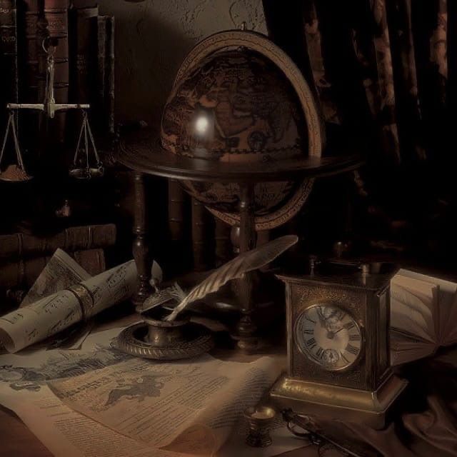 an old fashioned desk with books, papers and a clock