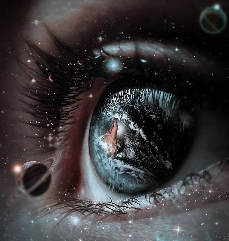 an eye looking at the stars and planets in the sky with it's reflection