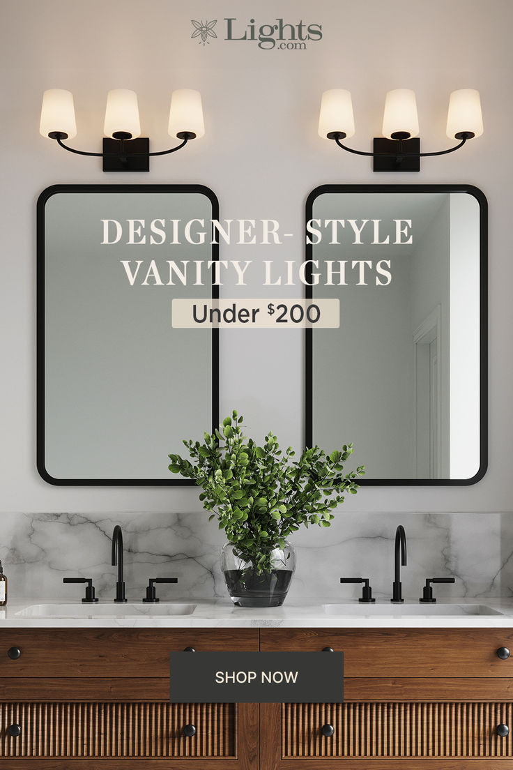 a bathroom vanity with two sinks and large mirrors above it, the words designer - style vanity lights under $ 200