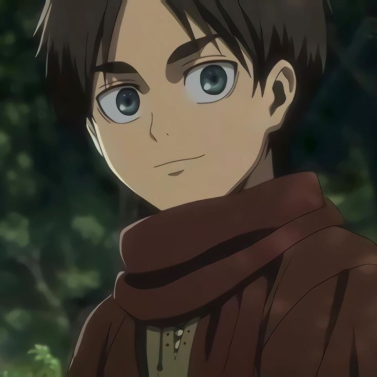 an anime character with short hair and blue eyes looks at the camera while standing in front of trees