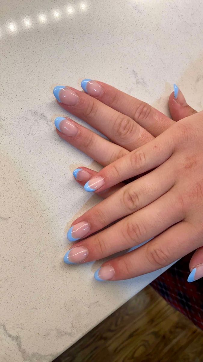 Acrylics Nails French Tip, French Tip Extensions, Cute Nail Designs French Tip Almond, Nail Ideas Acrylic Almond French Tip, Small Dip Nails, Colorful Summer French Tip Nails, Simple Almond Summer Nail Ideas, Light Teal French Tip Nails, Summer Nail Inspo Almond French Tip