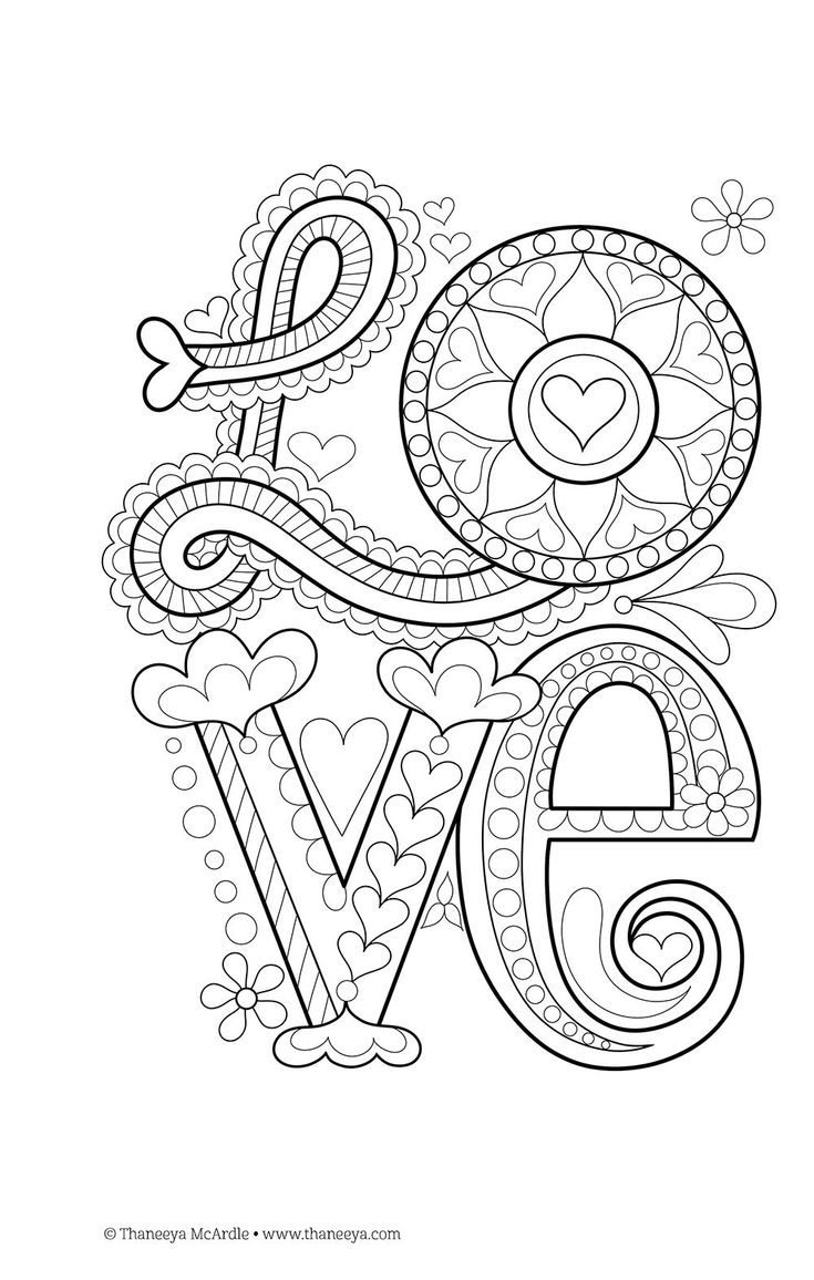 the word love is made up of hearts and swirls in black ink on a white background