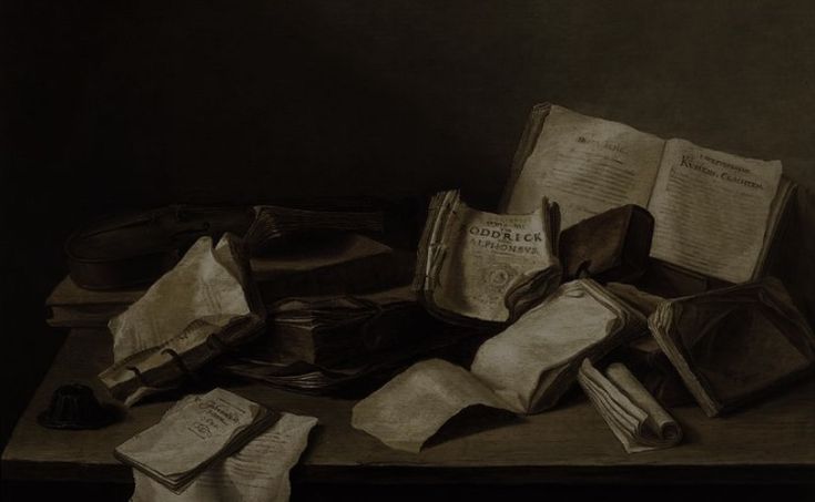 an oil painting of books and other items on a wooden table in a dark room