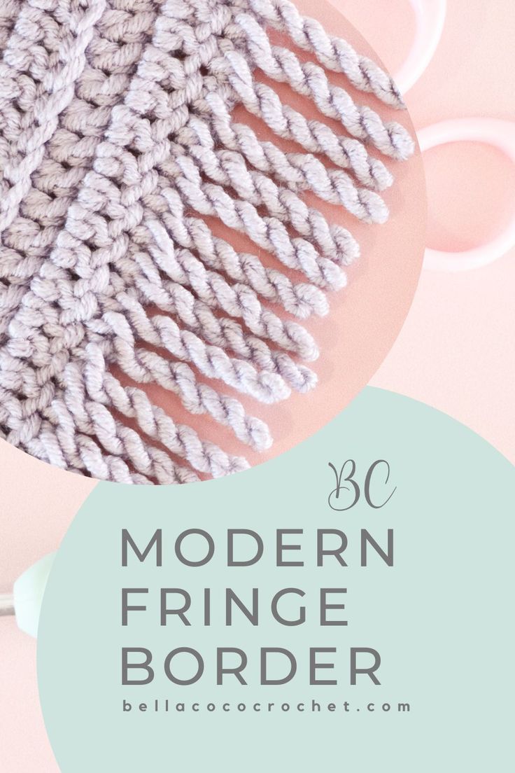 a knitted hat with text overlay that says modern fringe border