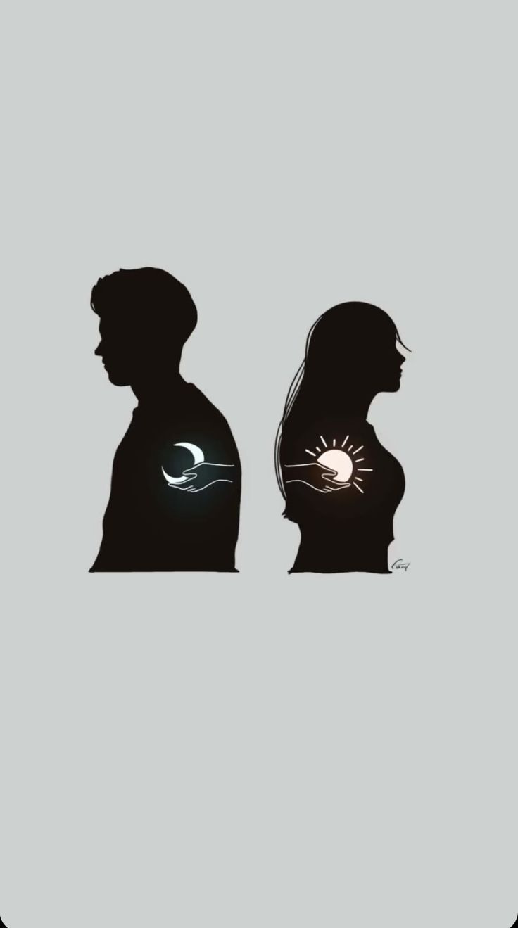 the silhouettes of two people facing each other, one with a light bulb in his head