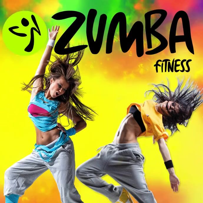 two young women are performing zumba fitness in front of a colorful background with the word zumba on it