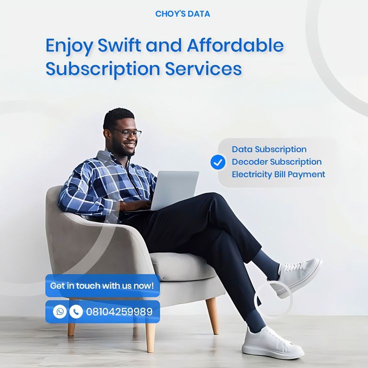 a man sitting in a chair with a laptop on his lap and the caption says enjoy swift and afordable subsciption services