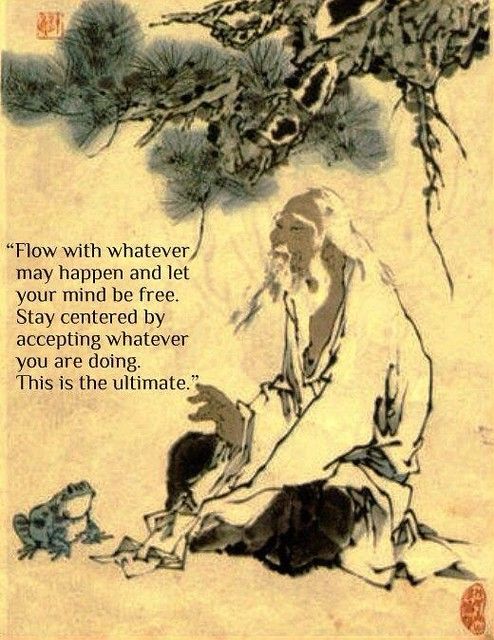 a painting with an image of a man kneeling down next to a tree and the quote flow with whatever may happen and let your mind be free stay centered by