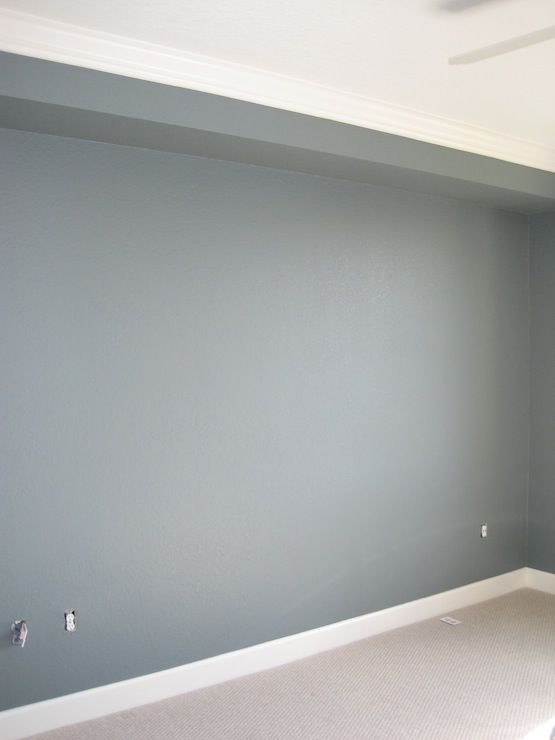 an empty room with gray walls and white carpet