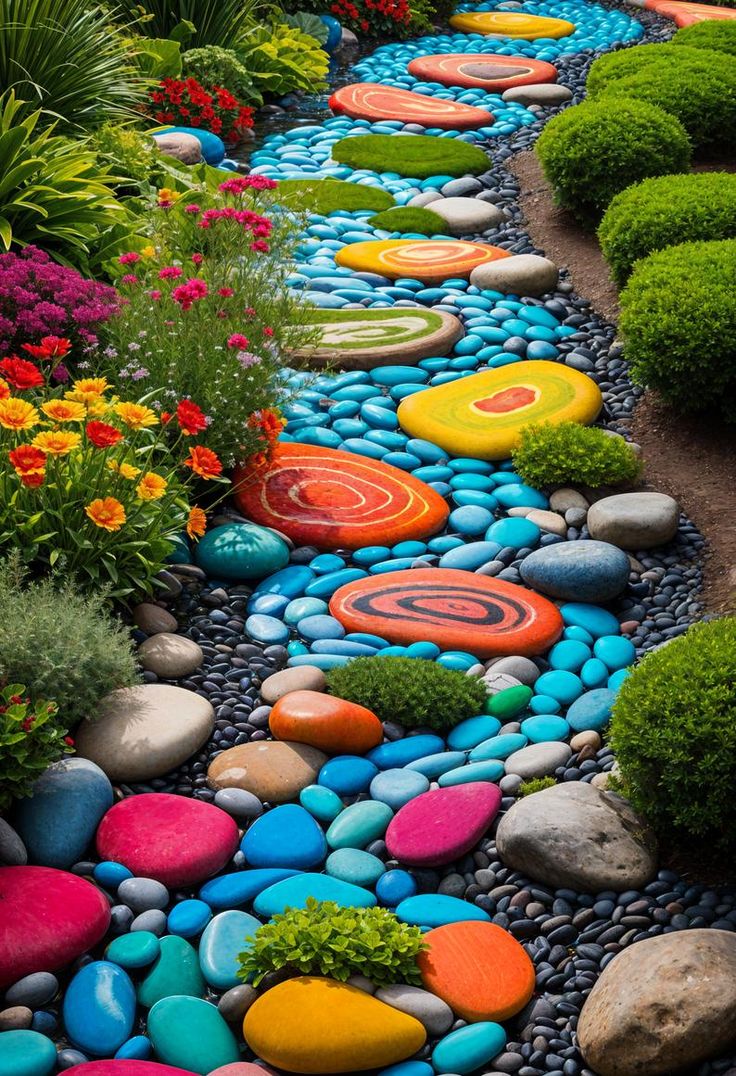 a garden with rocks and flowers on the ground, along with colorful stones that look like circles