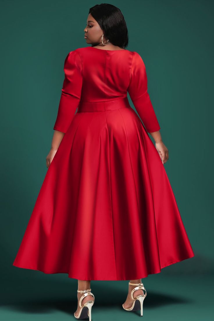 Xpluswear Design Plus Size Formal Red Floral Round Neck 3/4 Sleeve Peplum Satin Midi Dresses [Pre-Order] Plus Size Black Tie Dress, Satin Midi Dresses, Red Season, Dinner Dress Classy, Metallic Blouses, Plus Size Formal, Dressy Dresses, African Dresses, Satin Midi Dress