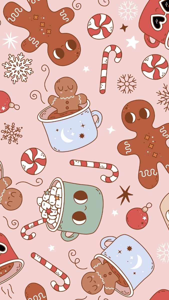 seamless christmas pattern with gingerbreads, hot chocolate and candy canes on pink background