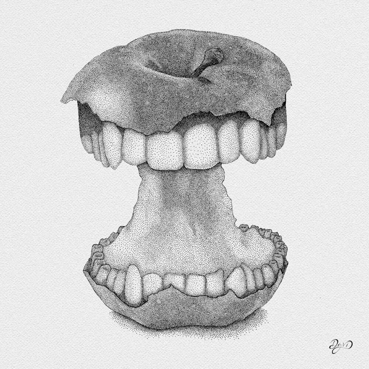 a pencil drawing of an apple with teeth and gums on it's side