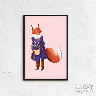 a painting of a fox wearing a purple coat and holding a cup in its hand