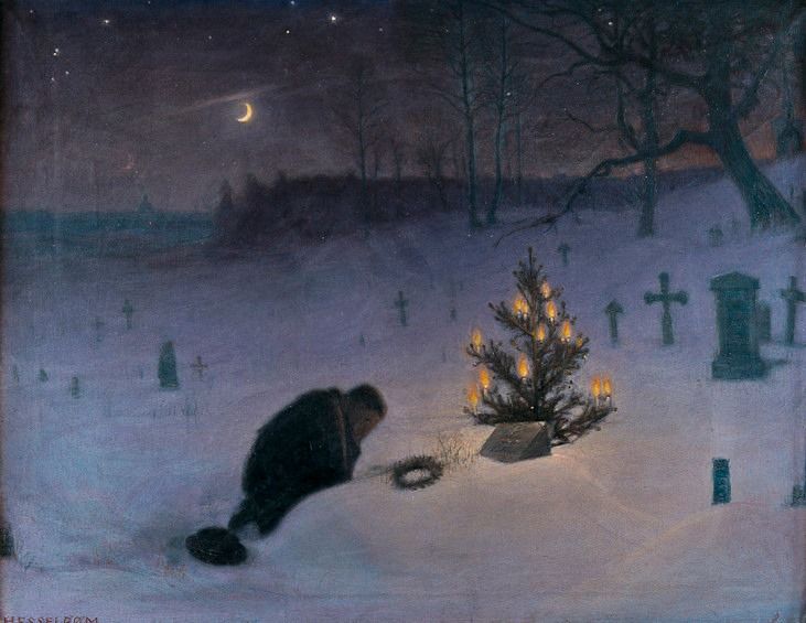 a painting of a man kneeling in the snow next to a christmas tree with lights on it