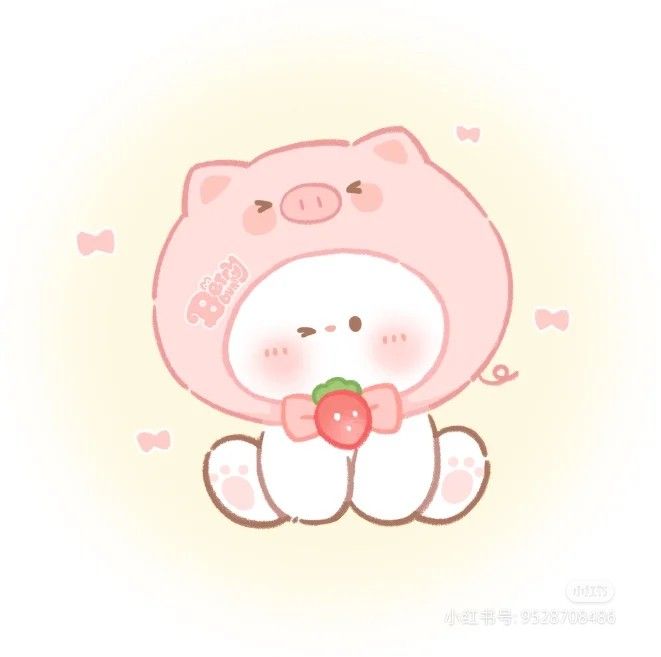 a pink pig holding a strawberry in its paws