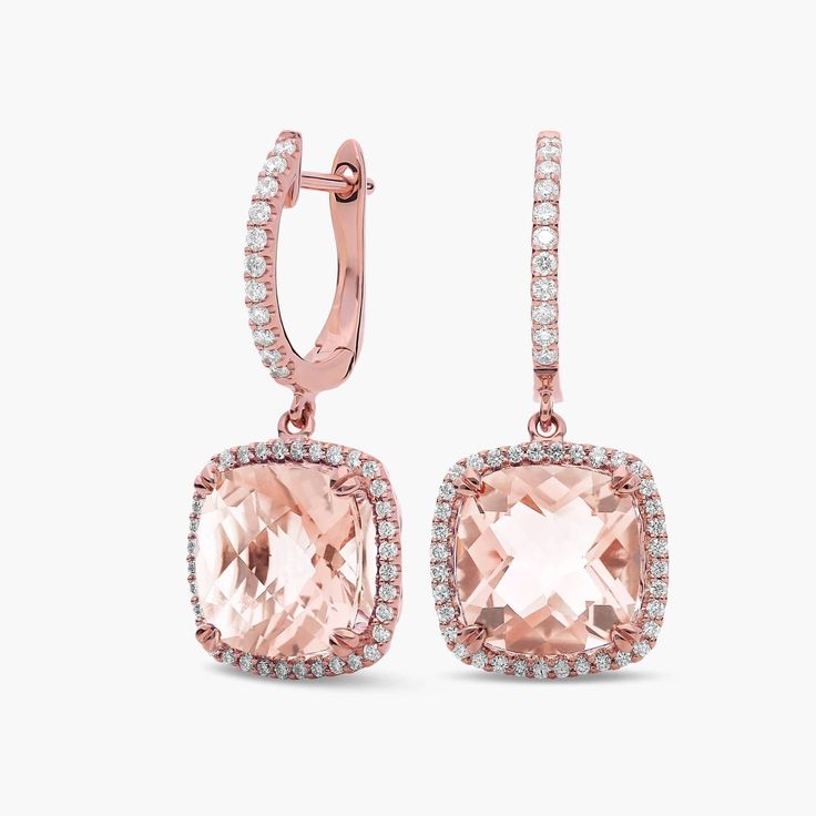 The vibrant hues of cushion-cut morganite are brightened by dazzling halos of round-cut diamonds on these 14k rose gold earrings. Additional diamonds trail up the front hoop of the lever backing. Precious Gemstones Jewelry, Diamond Halo, Rose Gold Earrings, Round Cut Diamond, Morganite, Cushion Cut, Halo Diamond, Semi Precious Gemstones, Pave Diamonds