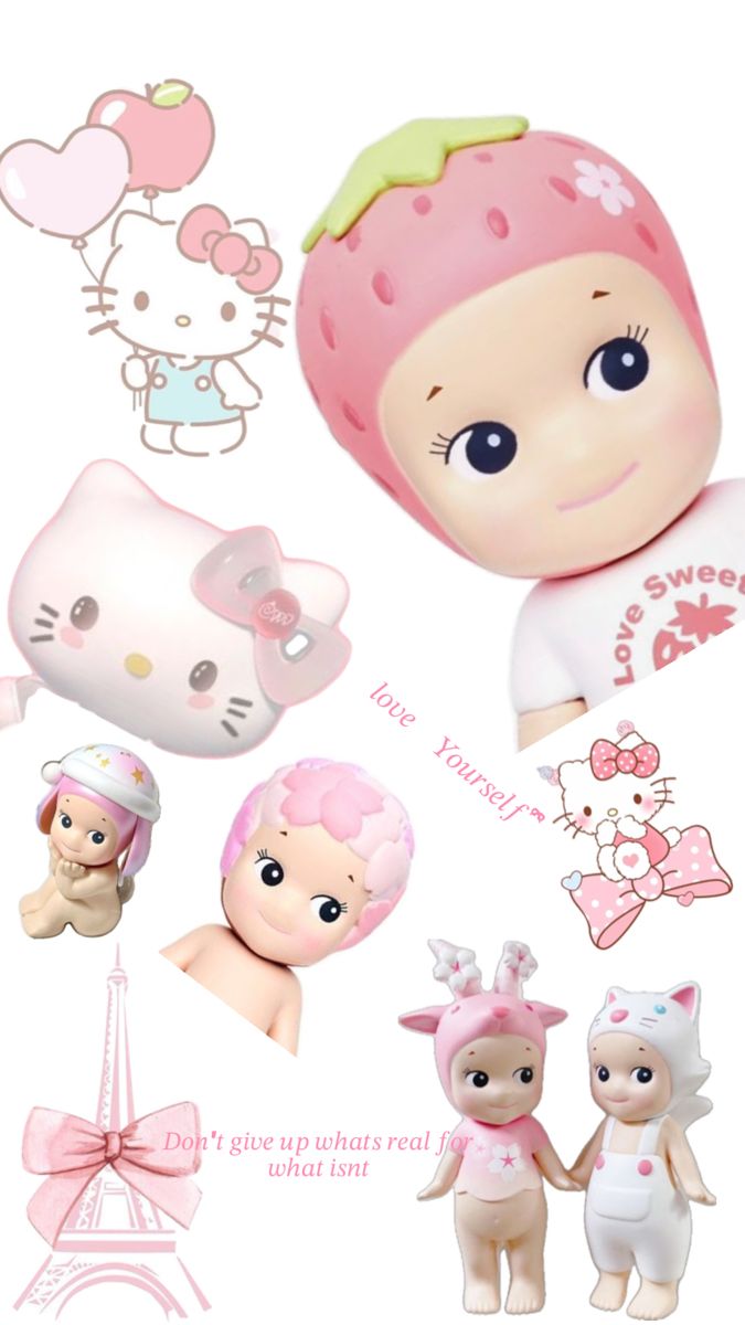 an assortment of toys including a baby doll and hello kitty figurines are shown